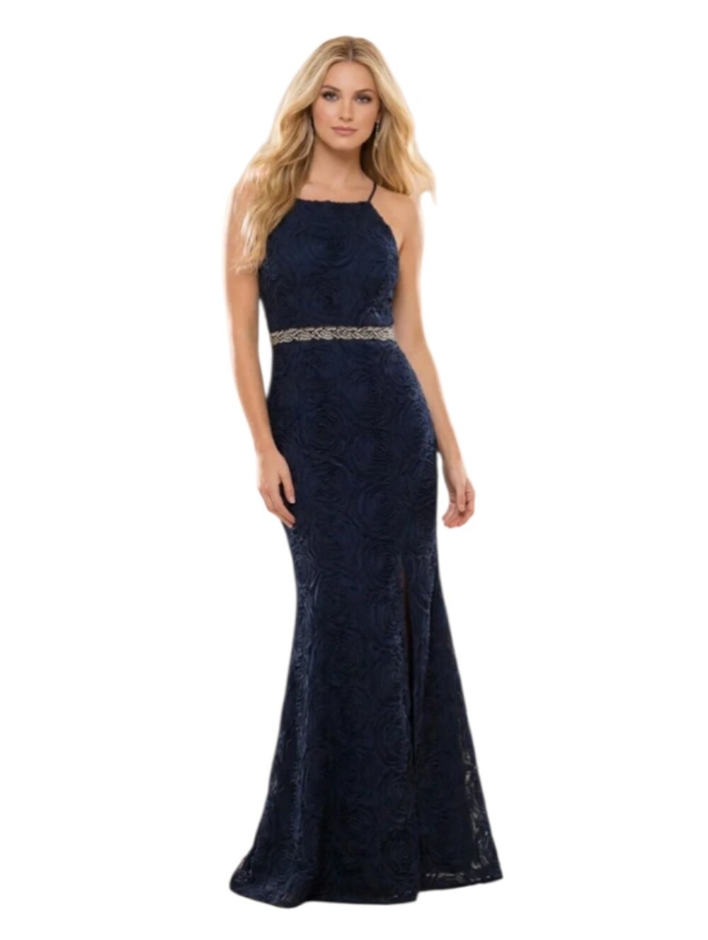 Trixxi Navy Halter Lace Gown Chiffon Rosette 3d Textured Jeweled Waist Dress XS